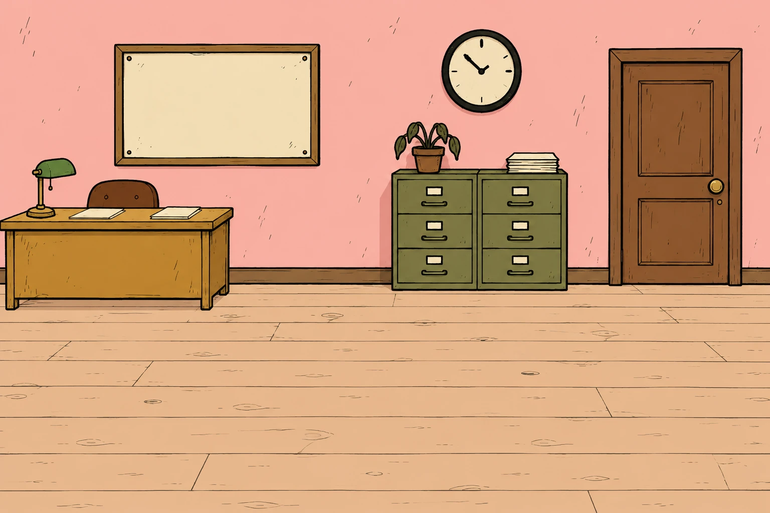 Hand-drawn reception with a mustard desk, olive filing cabinets and pink walls